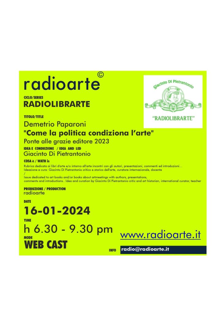 RadioLibrArte – Giacinto Di Pietrantonio dialoga con Demetrio Paparoni, “Come la politica condiziona l’arte” /Ita